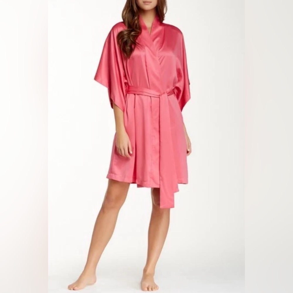 Natori Solid Tropical Pink Satin Charmeuse Wrap Short Robe Size Large‎